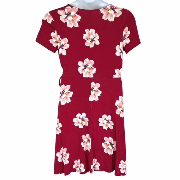 Old Navy Faux-Wrap Jersey Dress Women Size Large Burgundy Floral Waist-Defined - Picture 2 of 15